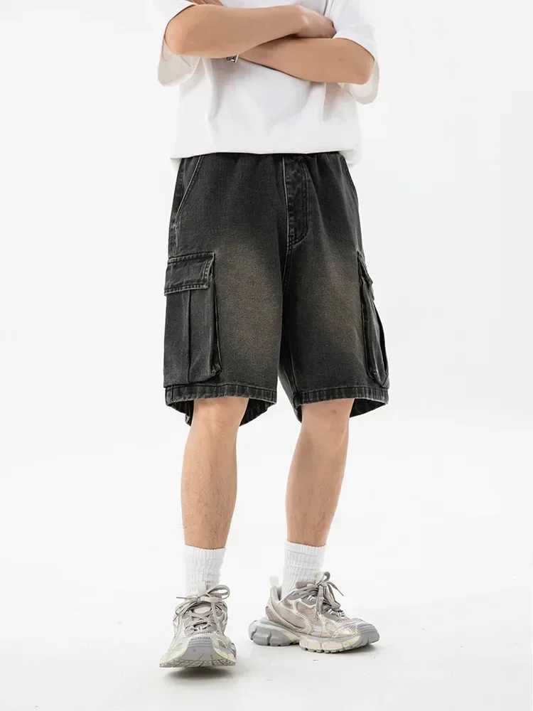 Old Washed Cargo Denim Shorts Mens Summer New Style Loose Side Three-dimensional Large Pocket Casual Five Quarter PantsXJ241206