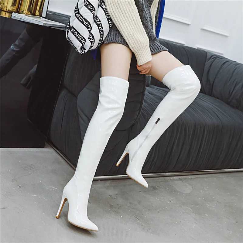 High Quality Sexy Mirror Leather Thick High Heels Wengao H Super Knee Boots Wendian Toe White Fetish Party Lg Shoes T241206