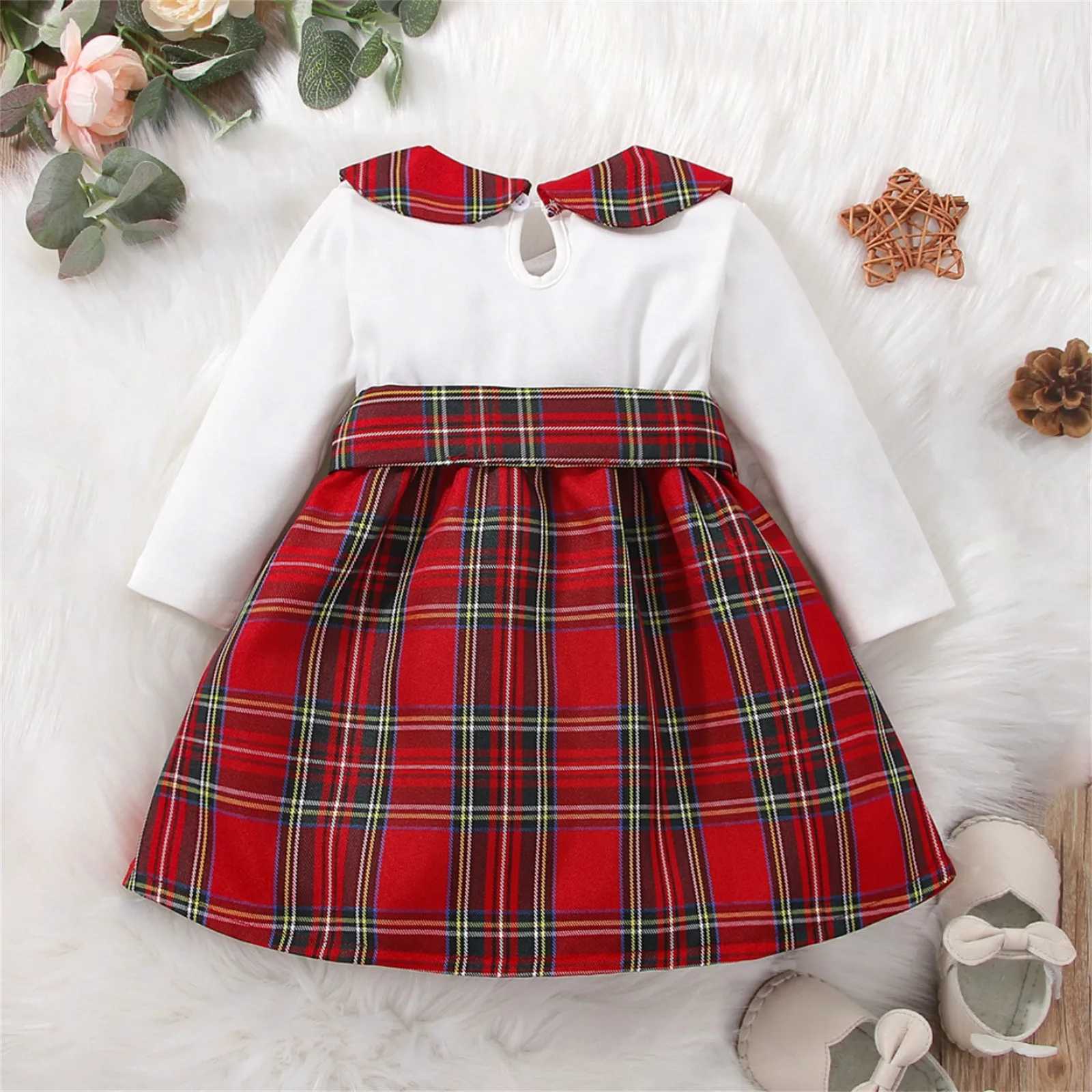 Princess Dress For Girls Xmas Infant Newborn Baby Girls Patchwork Long Sleeve Bowknot Christmas Plaid Princess Conjuntos De NiAXJ241206