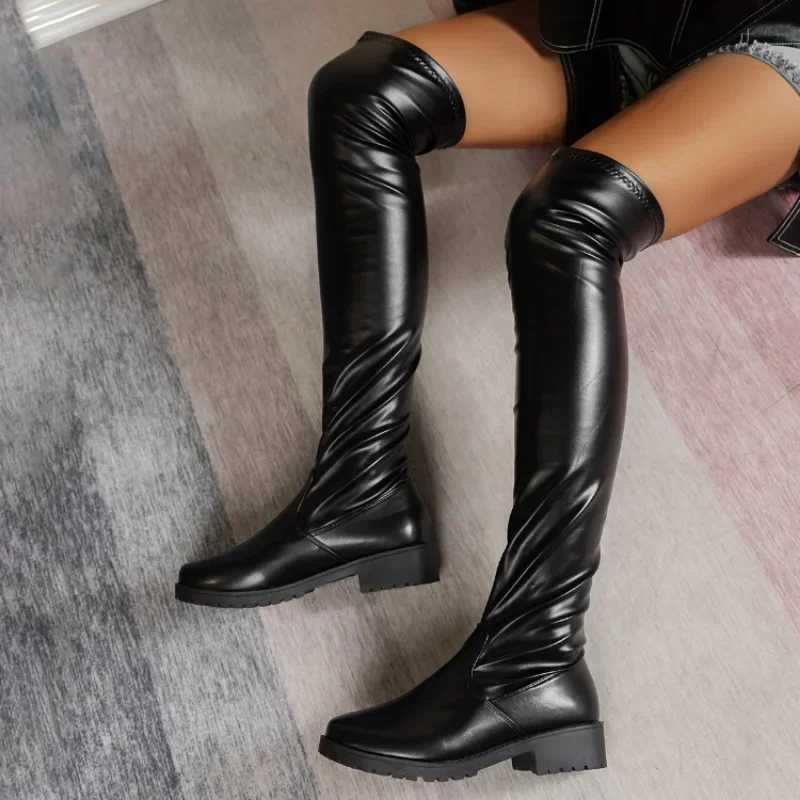 High Quality Wens Over the knee Boots Thin High Low Heel Trend Elegant Plus Size Cfortable Fi Round Black T241206