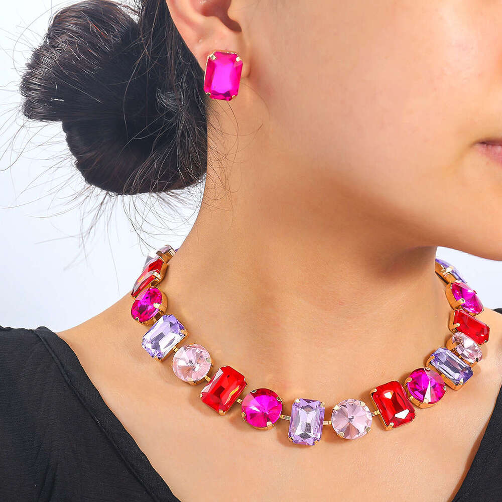 Hot selg color full dia rhie accessories for dinner party exaggerated necklace earring set