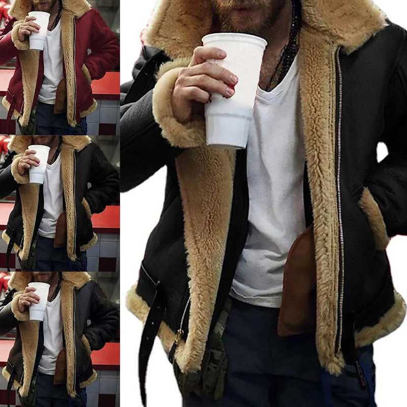 Mens Winter Thicken Lamb Wool Jacket Fashion Charming Lapel Windproof Motorcycle Leather Jacket Casual High Quality Warm CoatXJ241206