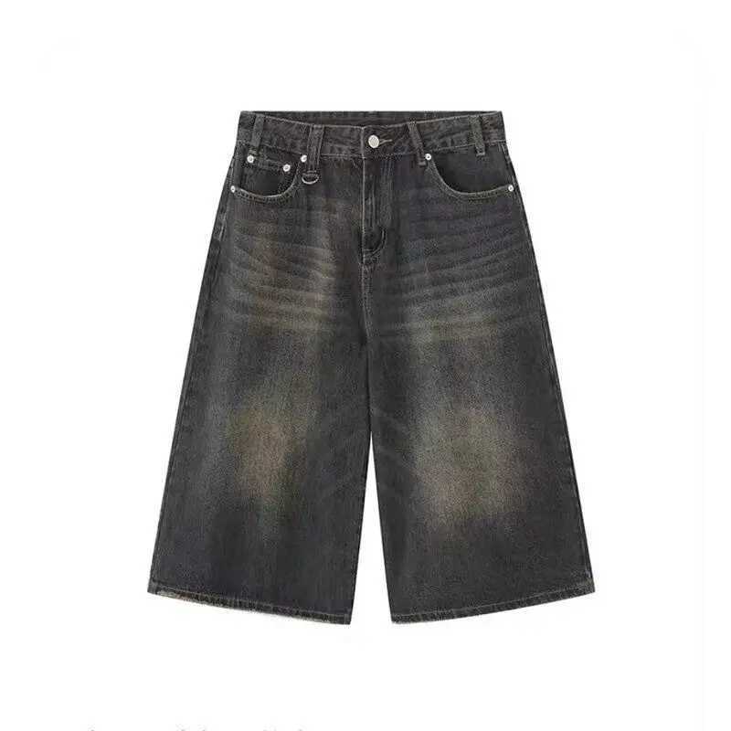 Retro Y2k Baggy Women Men Black Jeans Low Waist Casual Wide Pants Frayed Denim Shorts Big Size ClothesXJ241206