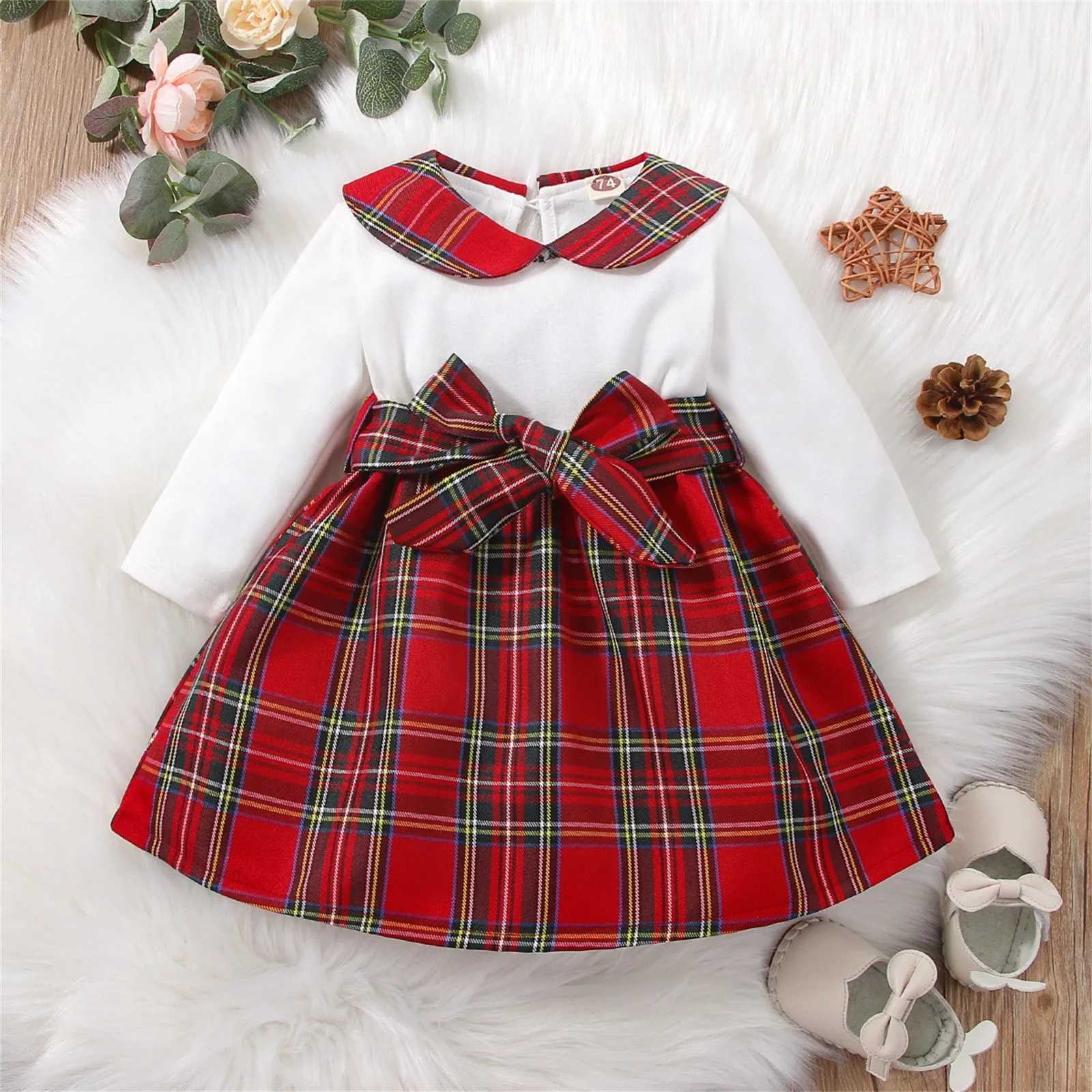 Princess Dress For Girls Xmas Infant Newborn Baby Girls Patchwork Long Sleeve Bowknot Christmas Plaid Princess Conjuntos De NiAXJ241206