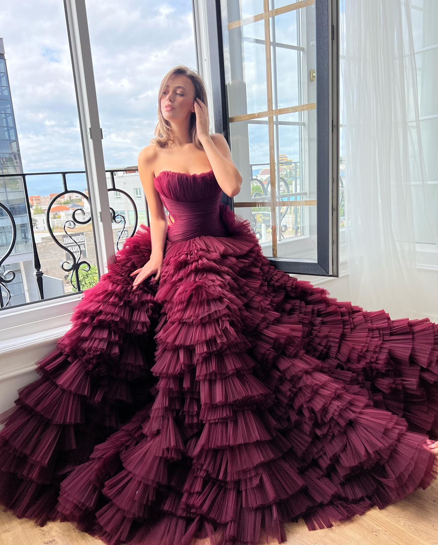 Red Dark Tiered Prom Dresses Pleated Evening Gowns A E Strapless Necke Tulle Special Ocn Formal Wear