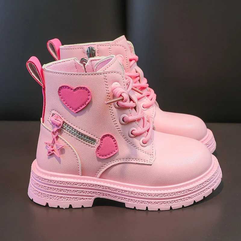 Girls Boots Kids Fashion Rubber Boots Cool Girl Autumn and Winter Cotton Soft Sole Pink with Love Side Zip Princess Round-toe PUXJ241206