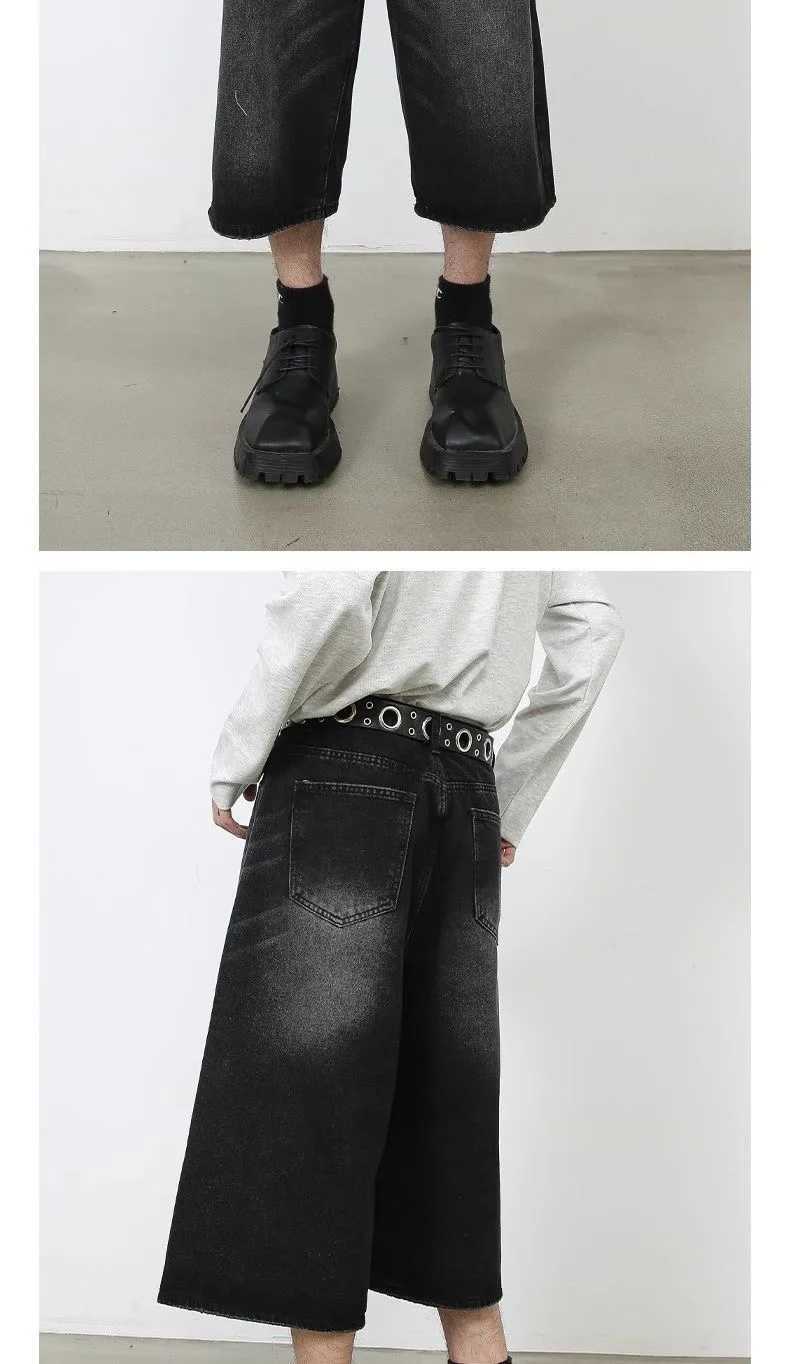 Retro Y2k Baggy Women Men Black Jeans Low Waist Casual Wide Pants Frayed Denim Shorts Big Size ClothesXJ241206