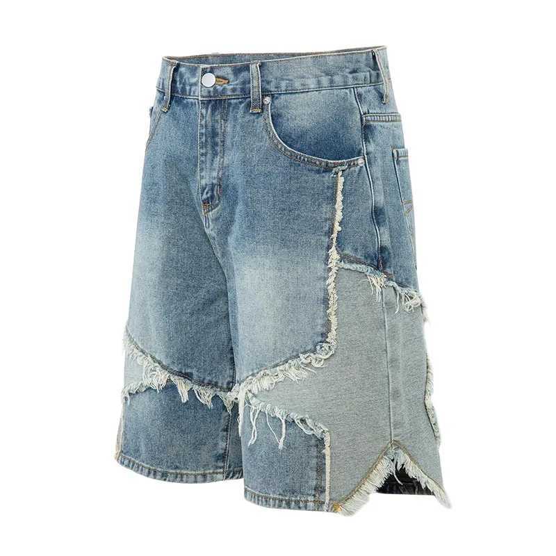 Hi Street Distressed Casual Denim Shorts Blue Streetwear Washed Jeans Shorts For Male PatchworkXJ241206
