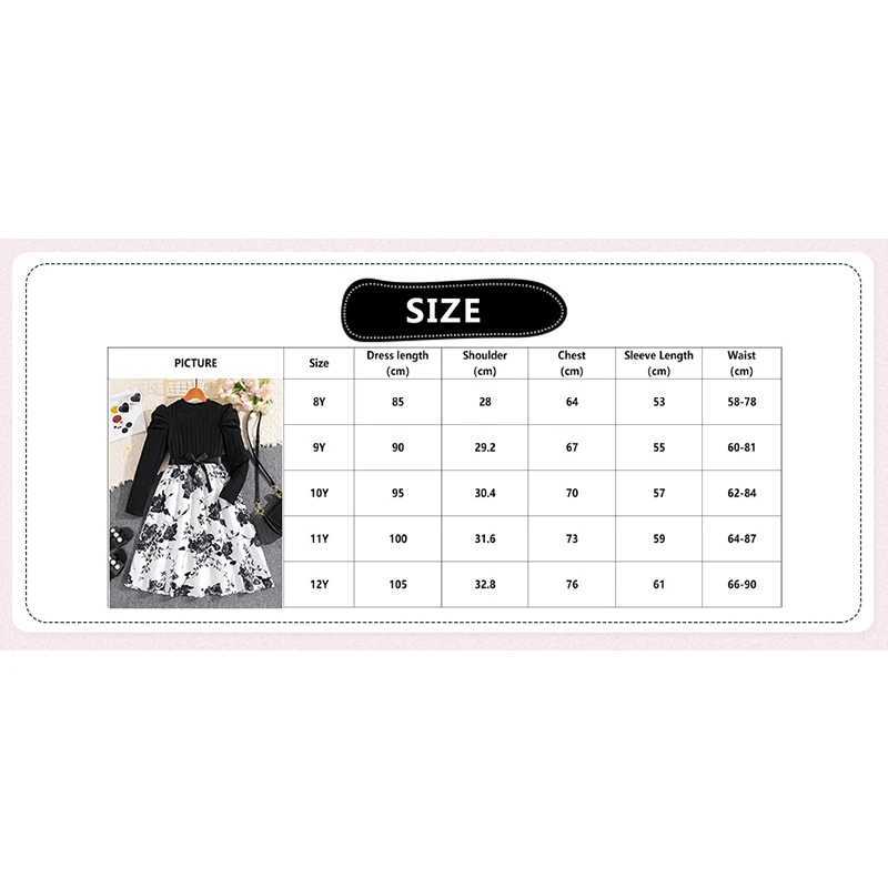 Dress For Girls 8-12 Years O-neck Long-sleeved Black Knit Patchwork Print Dress Give BeltXJ241206