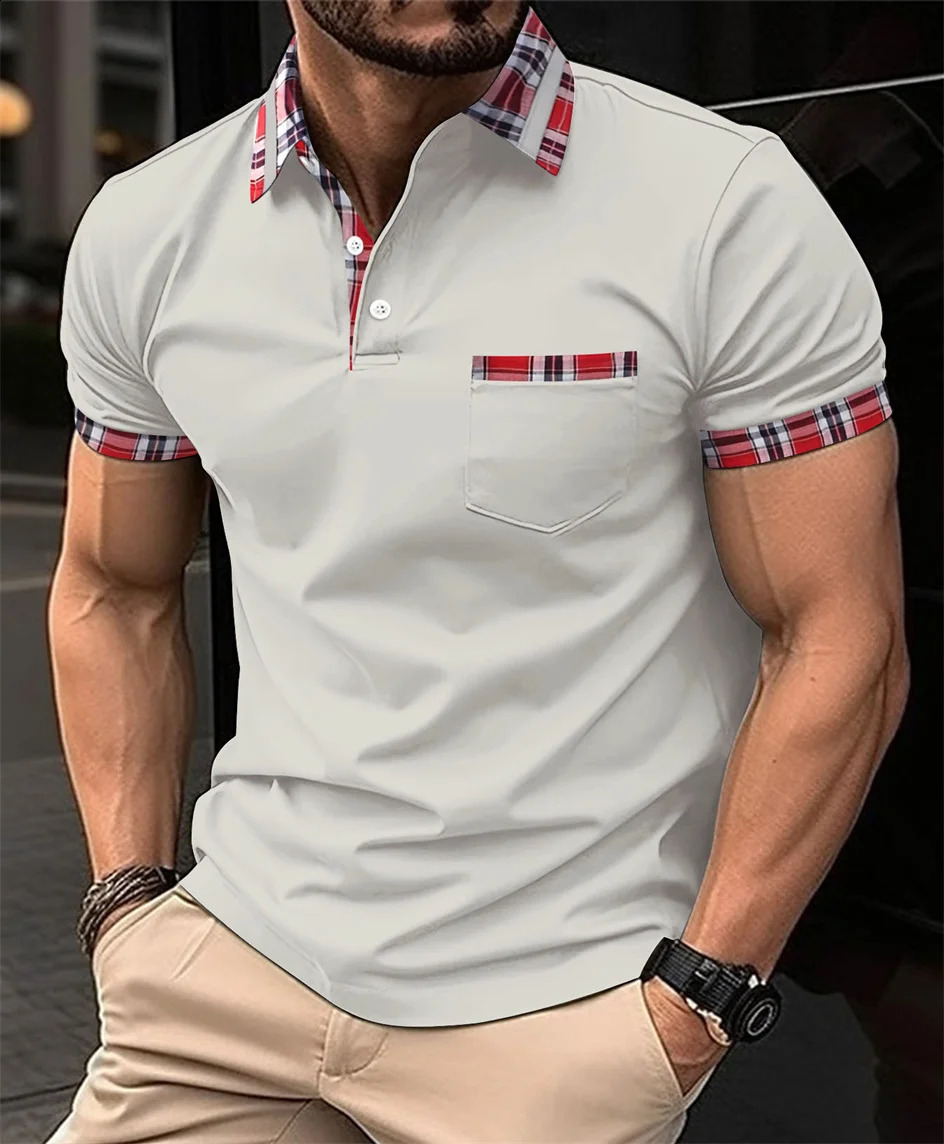 Mens Summer Red Check Collar Patchwork POLO Shirt Short Sleeve Casual Fashion Chest Pocket Small n High Quality Pullover 241205