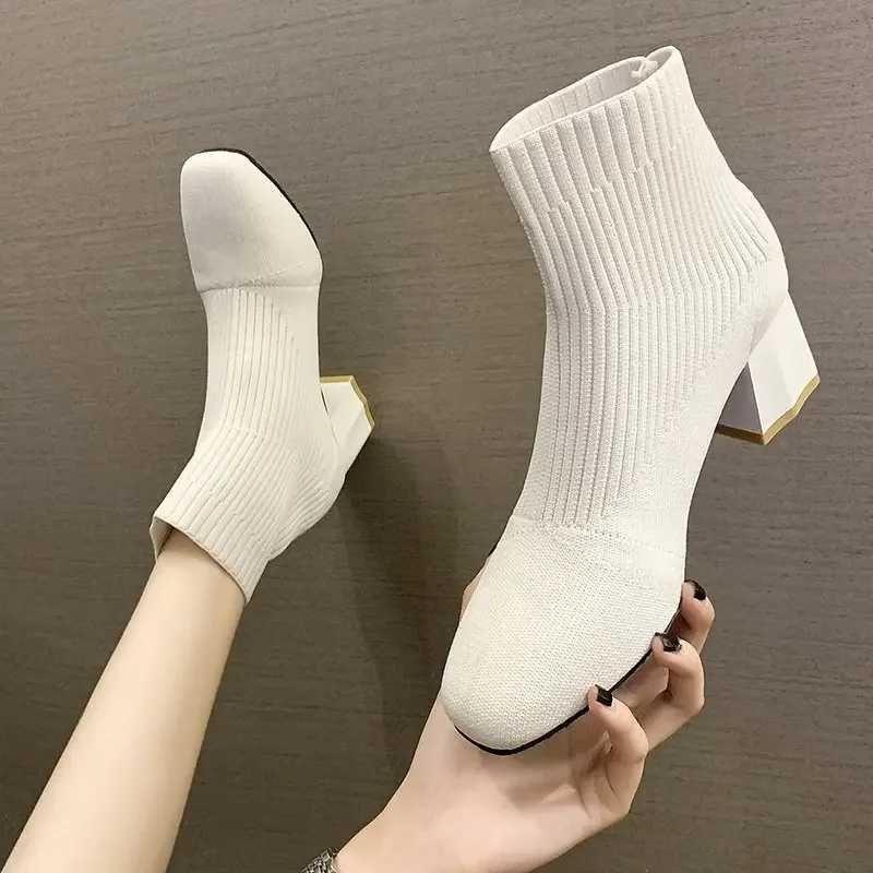 High Quality New Warm Boots Spring Autumn and Winter Editi Square Sle Warm Thick High Heel Knitted Fi Boots from Korea T241206