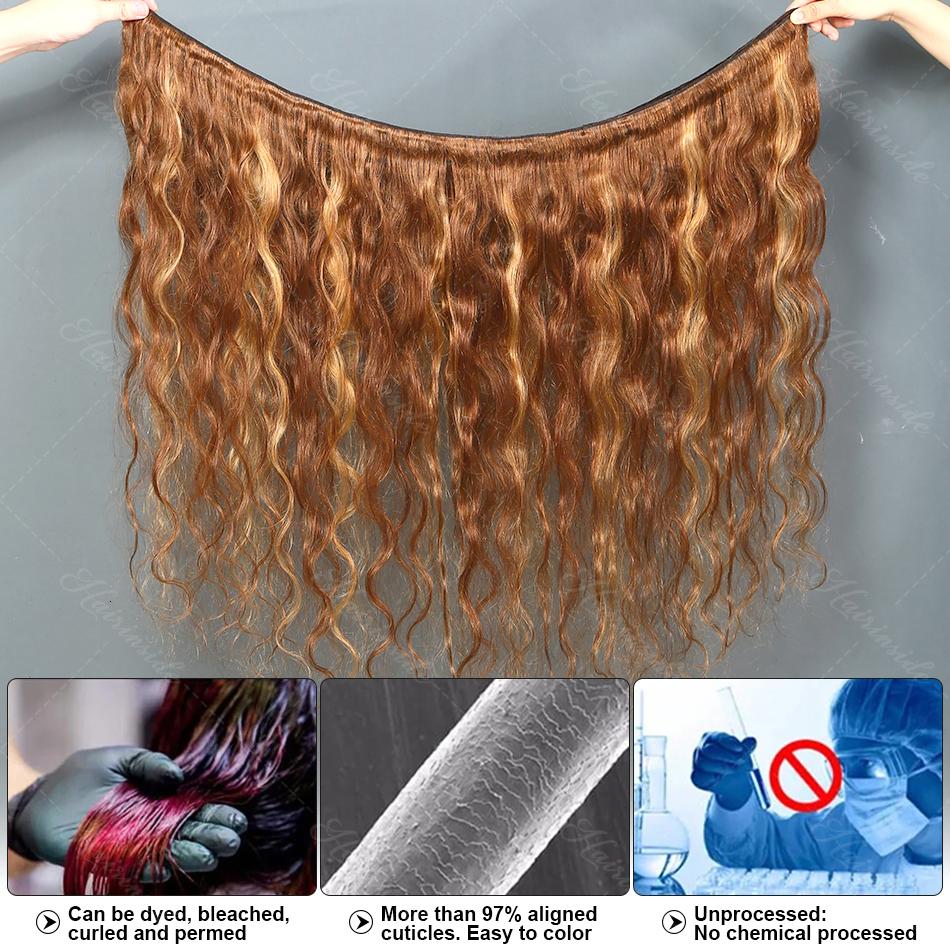 Highlight Body Wave Raw 100% Human Hair Wavys Brown Colored Brazilian Remy 30 Inch Weave Bundles Extensions Double Weft