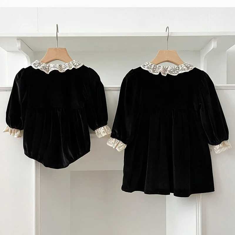 1-6Yrs Christmas Par Dress Peter Pan Collar Lace Red Black Dress Long Sleeve Dress Cute Sweet Baby Girls Dress Autumn ClothingXJ241206