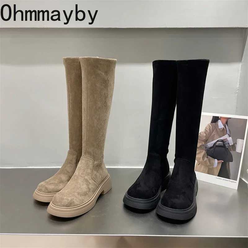 High Quality Winter Warm Coat Warm Pattern Knee High Boots Fi Smooth Retro Square H Women Ccise Lg Botas De Mujer T241206