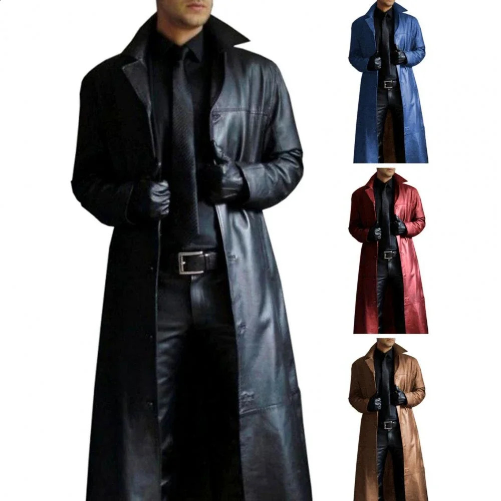 2024 Mens Long Leather Jackets Goth Punk Button Trench Coat Solid Lapel Collar Pu Windbreaker Winter Coats 241202