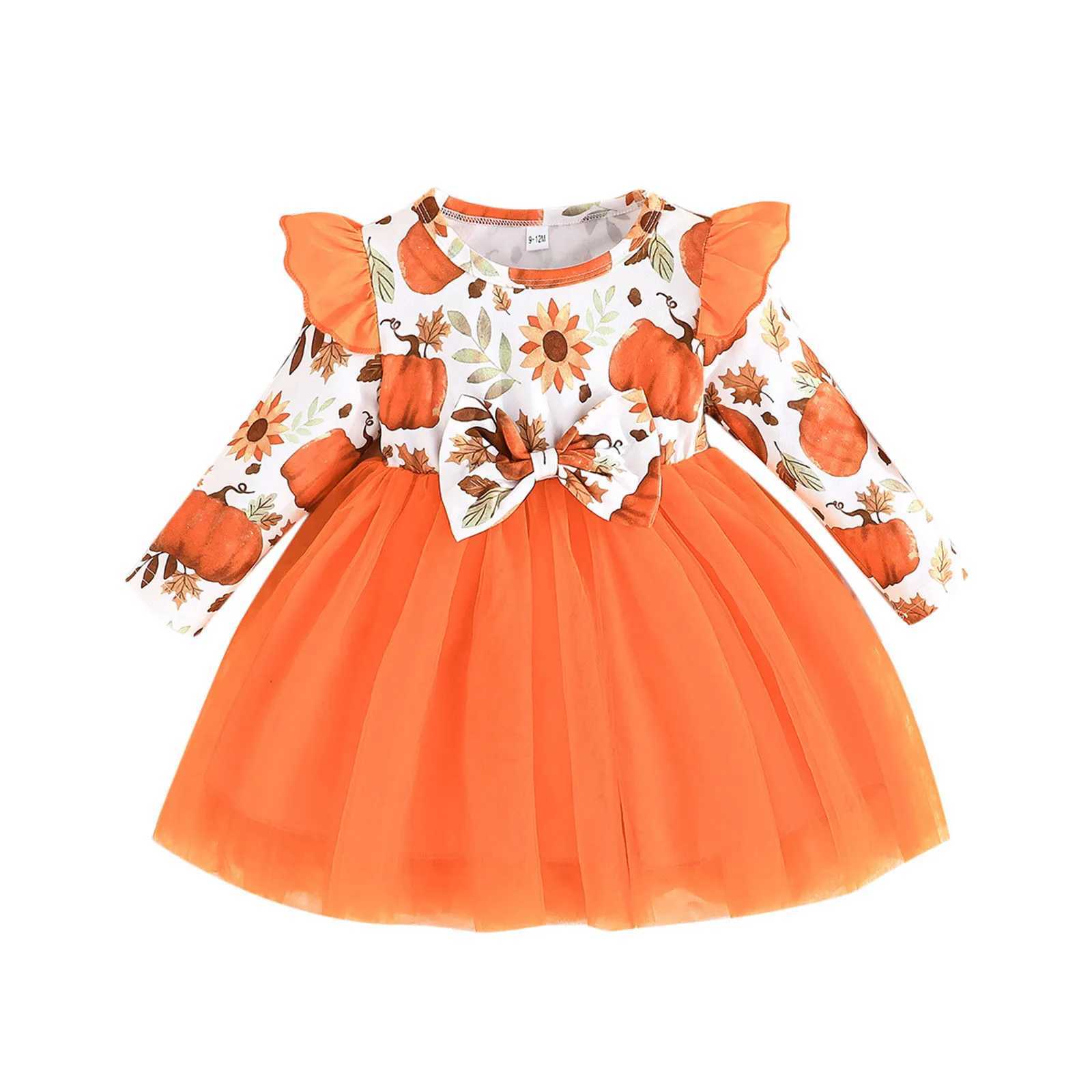 2024 Fashion Dress Kids Girls Long Sleeve Halloween Pumpkin Prints Tulle Princess Dress Sweet Girls Clothes Dress Size 1-4yearsXJ241206
