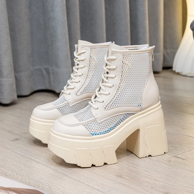 AIYUQI Summer Boots Female Genuine Leather Mesh Women Shoes Boots 11cm Height Platform High Heel Cool Boots Women