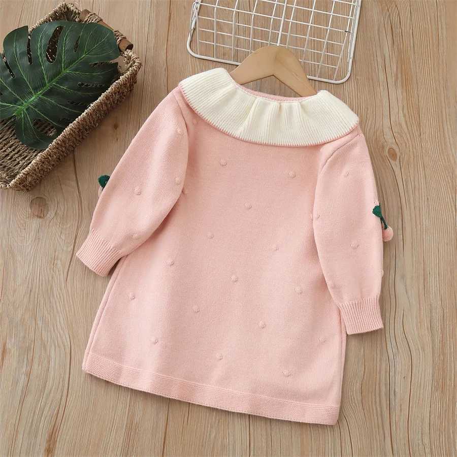 Girls Casual Dresses Cherry Embellished Lapel Dress Flower Girl Dresses Wedding Dress Girls Clothes for 2 To 6 YearsXJ241206