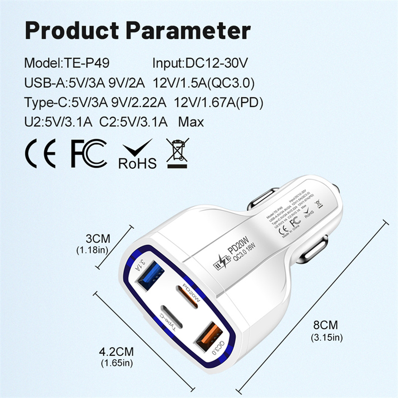 4 in 1 Car Quick Charger PD 20W 2USB+2PD Car Power Adapter USB Tyoe C Car Cigarette Lighter Charger 12-30V for iPhone 16 15 14 Huawei Samsung
