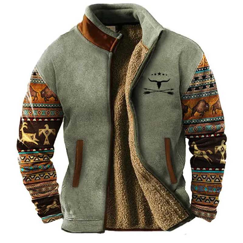2024 Winter Mens Stand-Up Collar Jacket Vintage Velvet Printed Color Sweatshirt Fashion Ethnic Winter Outdoor Coat WindproofXJ241206
