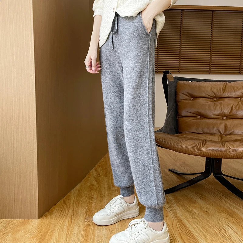 100% Womens Merino Wool Knitted Autumn/Winter Pants Solid Color Elastic Waist Fashion Casual Wool Long Legs 241202