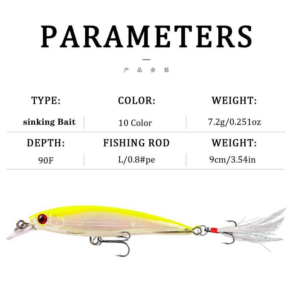 1Pcs Hard Plastic Crankbait Sinking Fishing Lure 7.2g 9cm Minnow Artificial Bait 3D Eyes Trolling Tack For Bass Pike CarpXJ241128