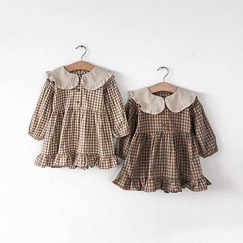 Spring Summer Girls Clothing Cute Children Dresses Kids Baby Girl Plaid Cotton Linen Lapel Collar Dress Long Sleeve SkirtXJ241206
