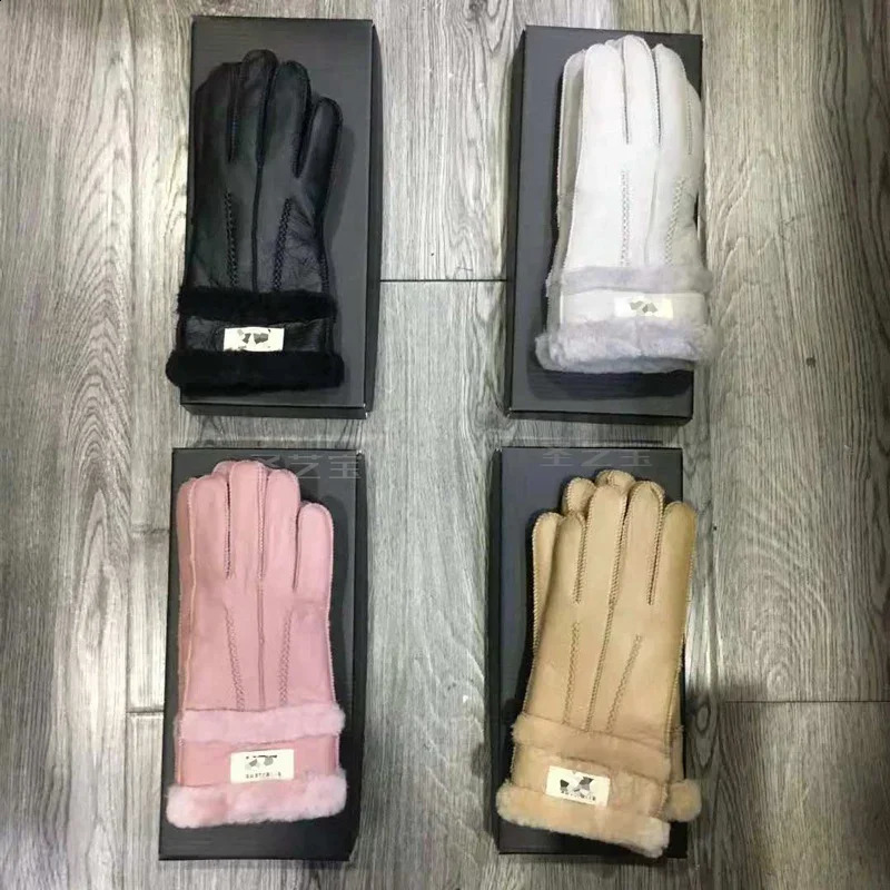 womens fur integrated sheepskin gloves leather warm color wool lining wind and cold gloves 241206