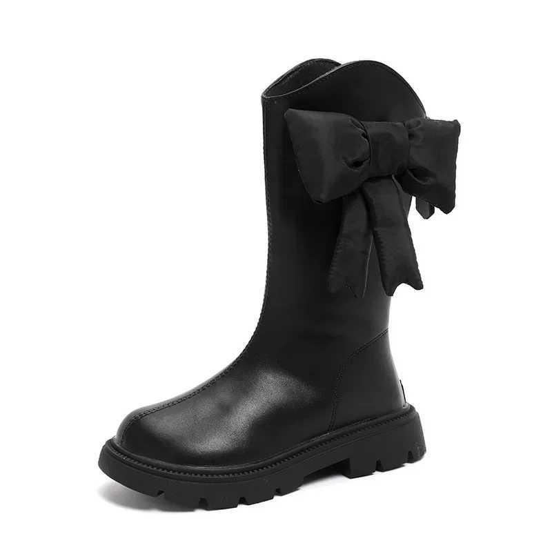 New Winter Girls Princess Cotton Boots Elegant Bowknot Children Causal Boots Fashion Black Versatile Kids Simple Mid-calf BootsXJ241206