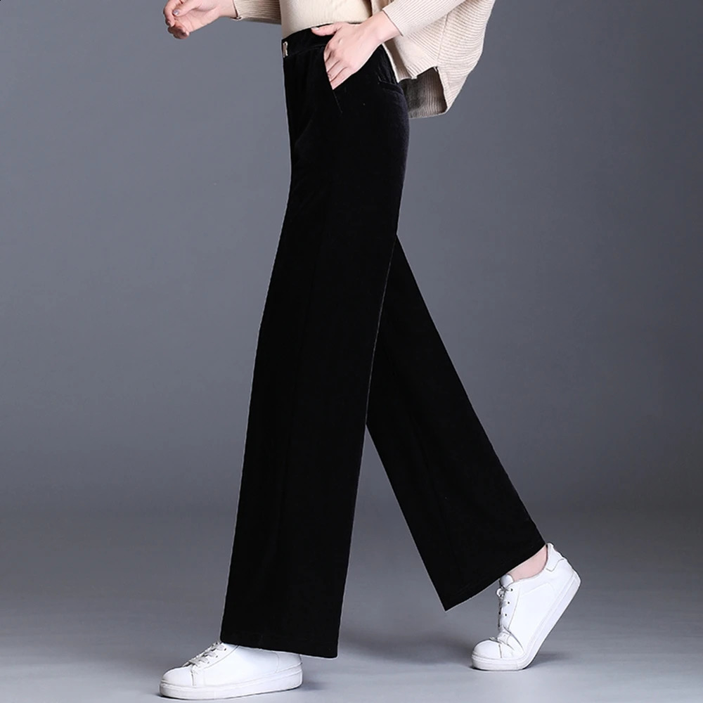 Korean high waisted elastic waist womens Haaland pants spring/summer gold velvet wide leg pants Versatile casual pants 241202