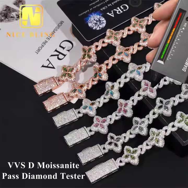 Multiple Options Color Moissanite Flower Cuban Bracelet Ready Stock Hip Hop Fancy Diamond Cuban Link Chain Moissanite 925 Silver