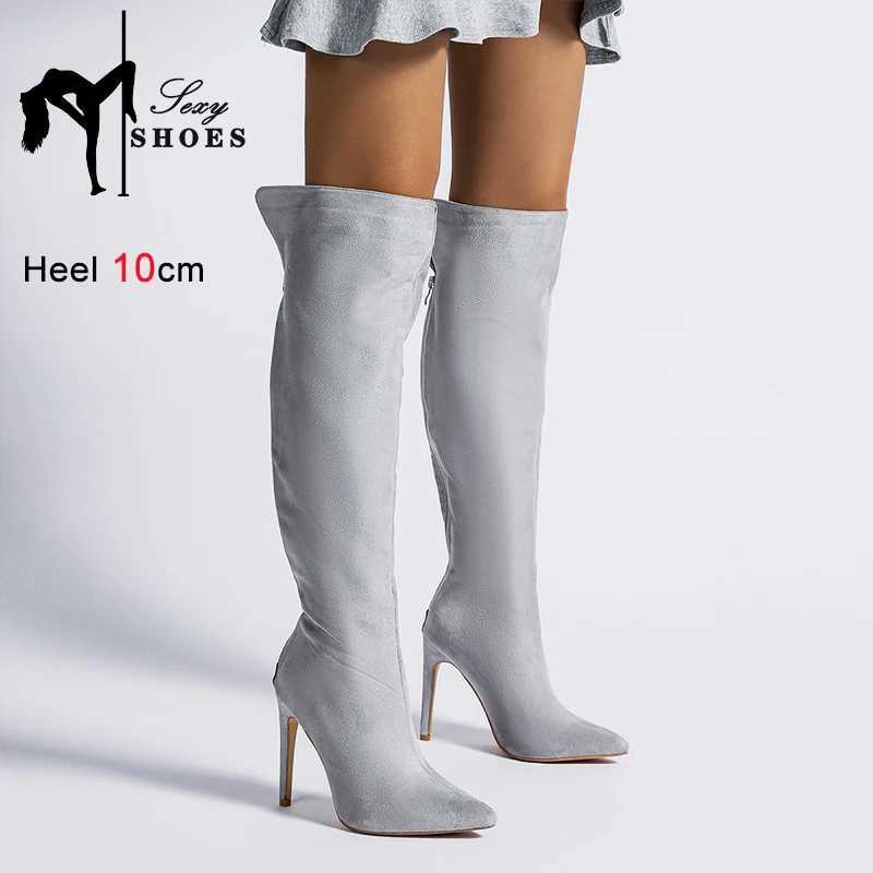 High Quality Knee High Pointed Toe Wen Boots Autumn Winter Suede High H Size Grey Model Shoe Back Zipper Lg Tube Boots T241206