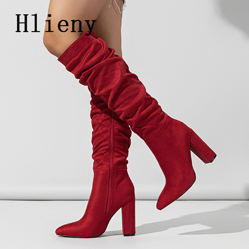 Hlieny Fashion Black Red Women Knee Boots Sexy Pointed Toe Square High Heels Ladies Long Zipper Female Shoes Size 35-42