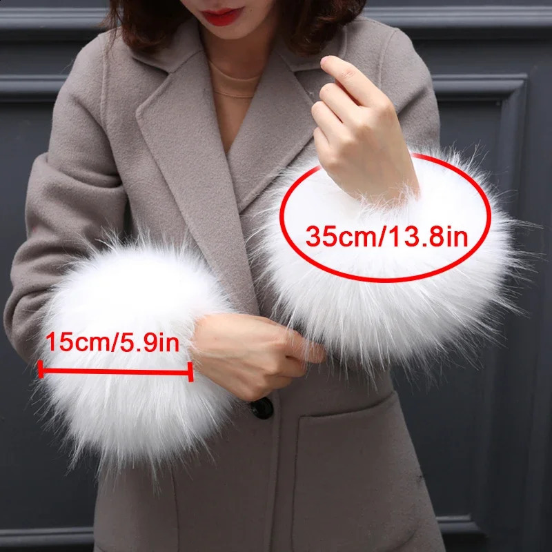Qearlstar Womens Artificial Fox Fur Sleeve Wristband Winter Warm Arm Wristband Raccoon Fur Sleeve Glove Womens Elastic Sleeve 2 pieces 241206