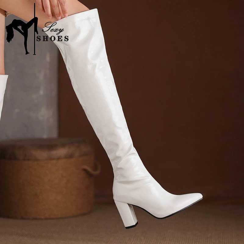 High Quality Sexy knee high PU leather warm boots flat zipper square high heels high heels womens shoes autumn and winter thick boots T241206