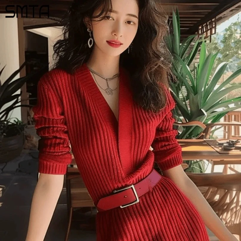 Christmas Red Knitted Sweater Womens Wedding Dress V-neck Long sleeved Belt Nightclub Dress Autumn 241205