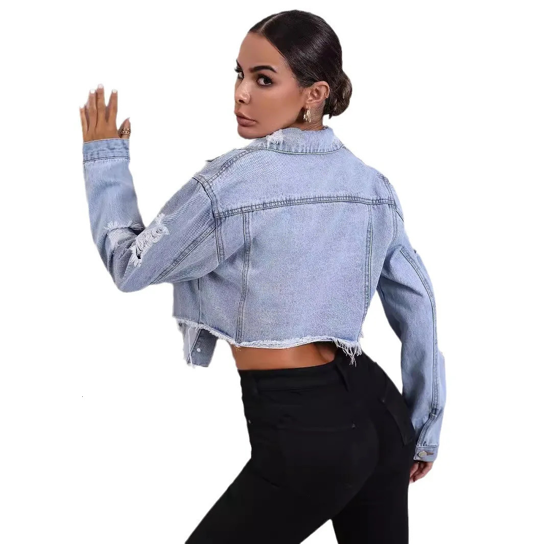 Open collar womens denim jacket single chest open solid streetwear pocket washed buttons 241206