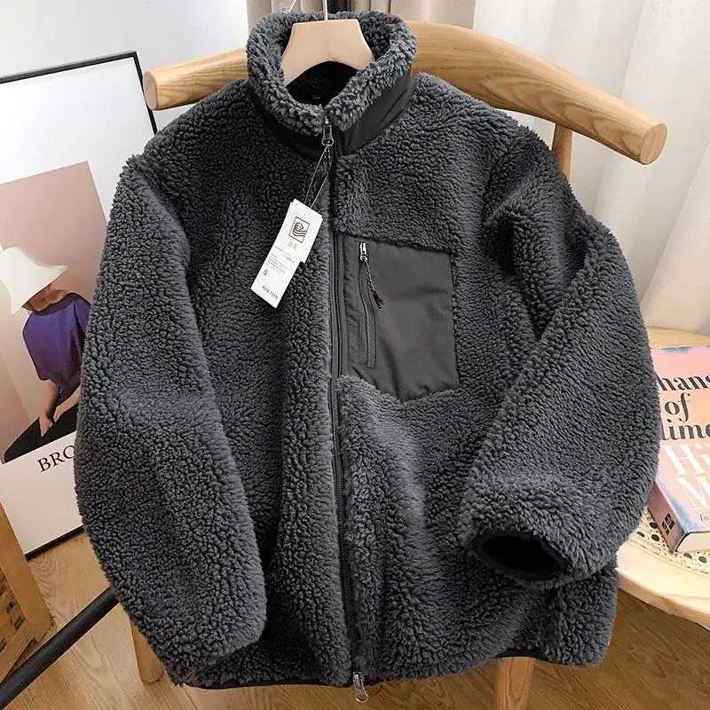 Autumn and Winter Japanese Mens and Womens Fleece Stand Neck Jacket Couple Zipper Loose Warm Lamb Wool Coat Solid Color JacketXJ241206