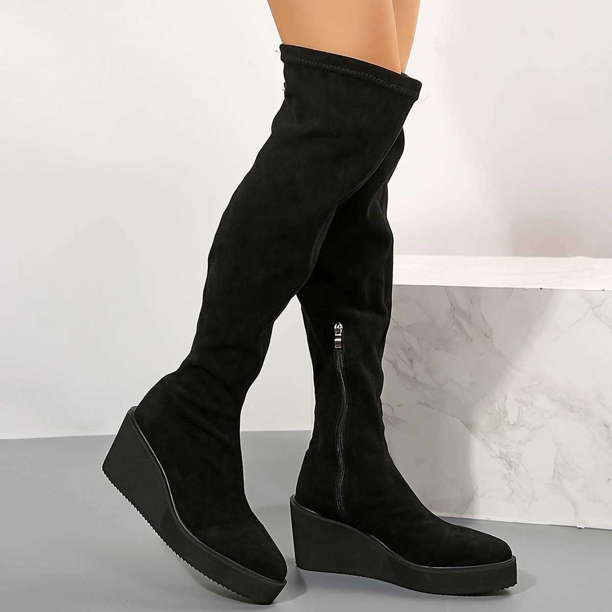 High Quality Thigh High Boots Wen Shoes Sexy Autumn Winter Black Wedge Heeled Over the Knee Boots Fetish Party Shoes Women Lg Boots T241206
