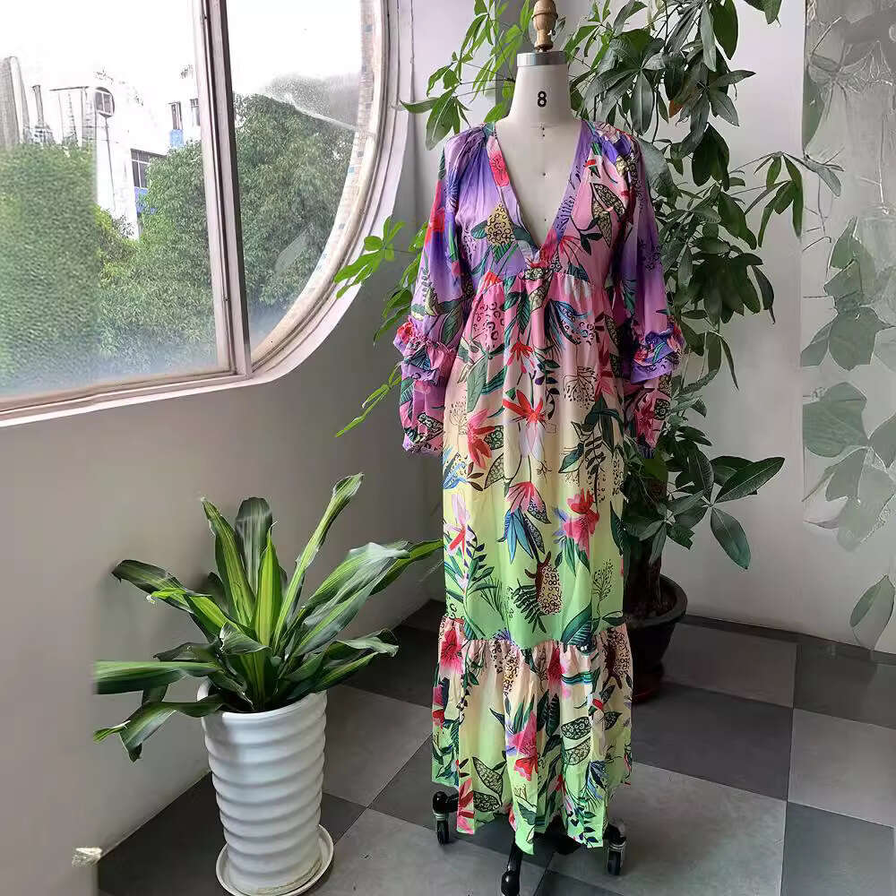 summer printed gradient color ruffle V-neck sexy slim formal dress 2024 new style chic and elegant clothing