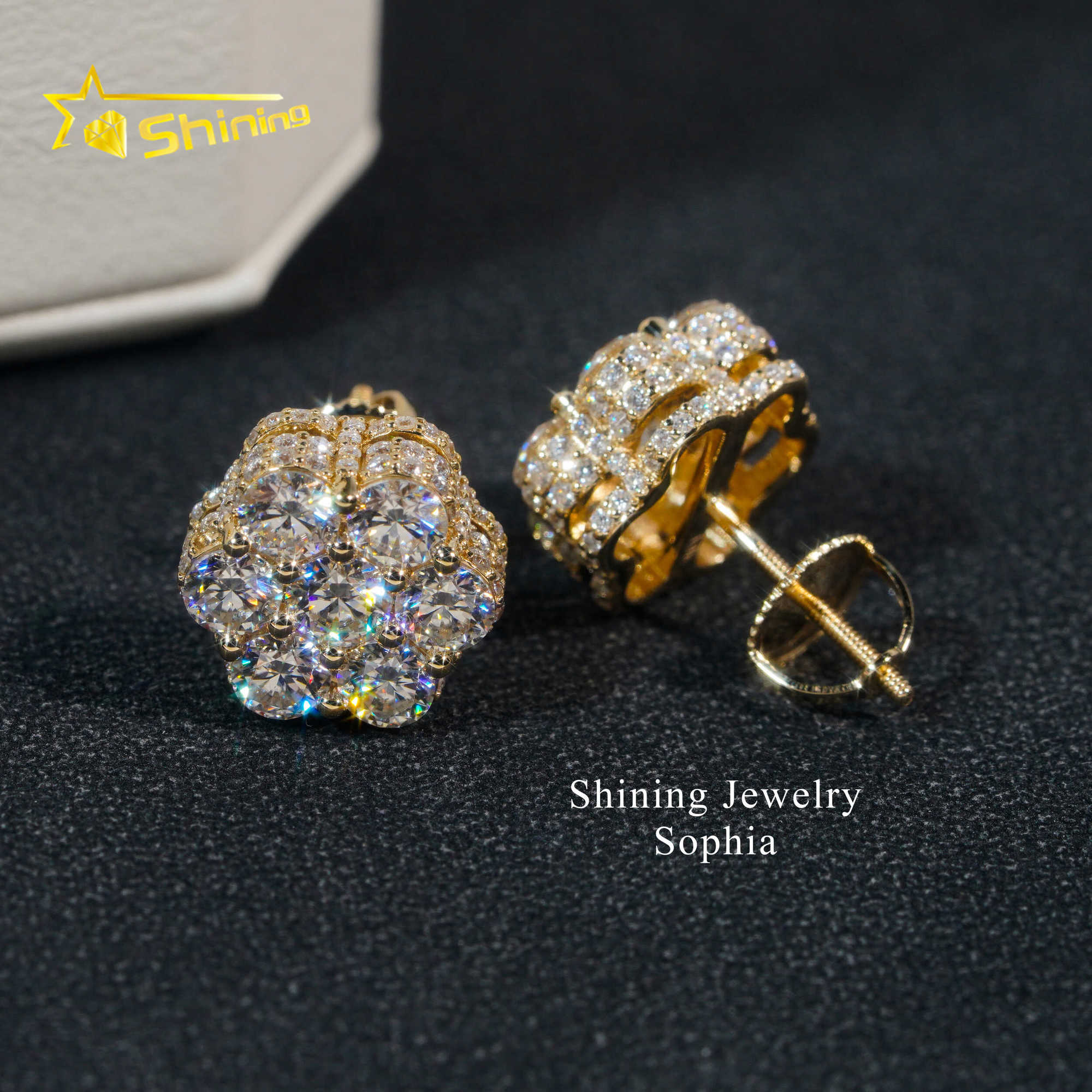 Top sell flower design 10K solid yellow gold iced out luxury vvs moissanite stud earrings hip hop earring