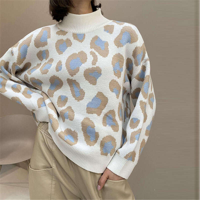 European American college style semi high neck leopard print pullover sweater autumn and winter long sleeved temperament wool top for women 2024 new c