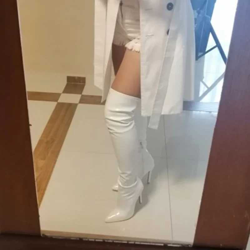 High Quality White sexy knee high side zipper sliding toe shoes new Fi striped thin H womens boots spring T241206