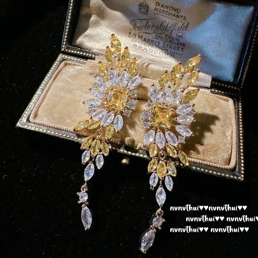 925 sterling silver elegant tassel pendant earrings yellow zircon long pendant ladies banquet wedding exquisite jewelry 241205