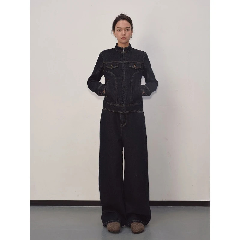Denim pants set stand up collar solid street jacket wide leg straight gothic jeans retro simple twopiecesingle 241206