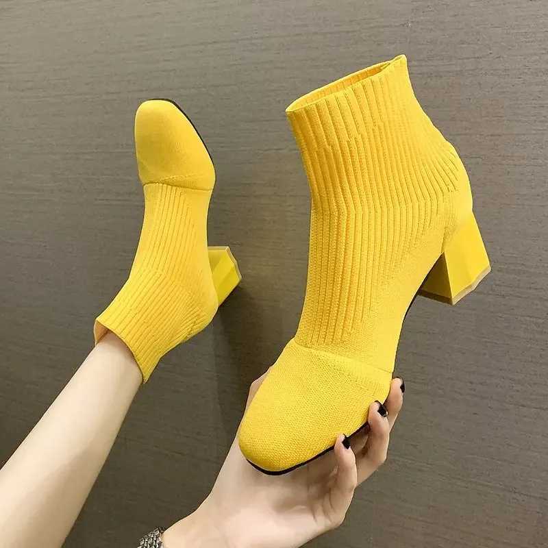 High Quality New Warm Boots Spring Autumn and Winter Editi Square Sle Warm Thick High Heel Knitted Fi Boots from Korea T241206
