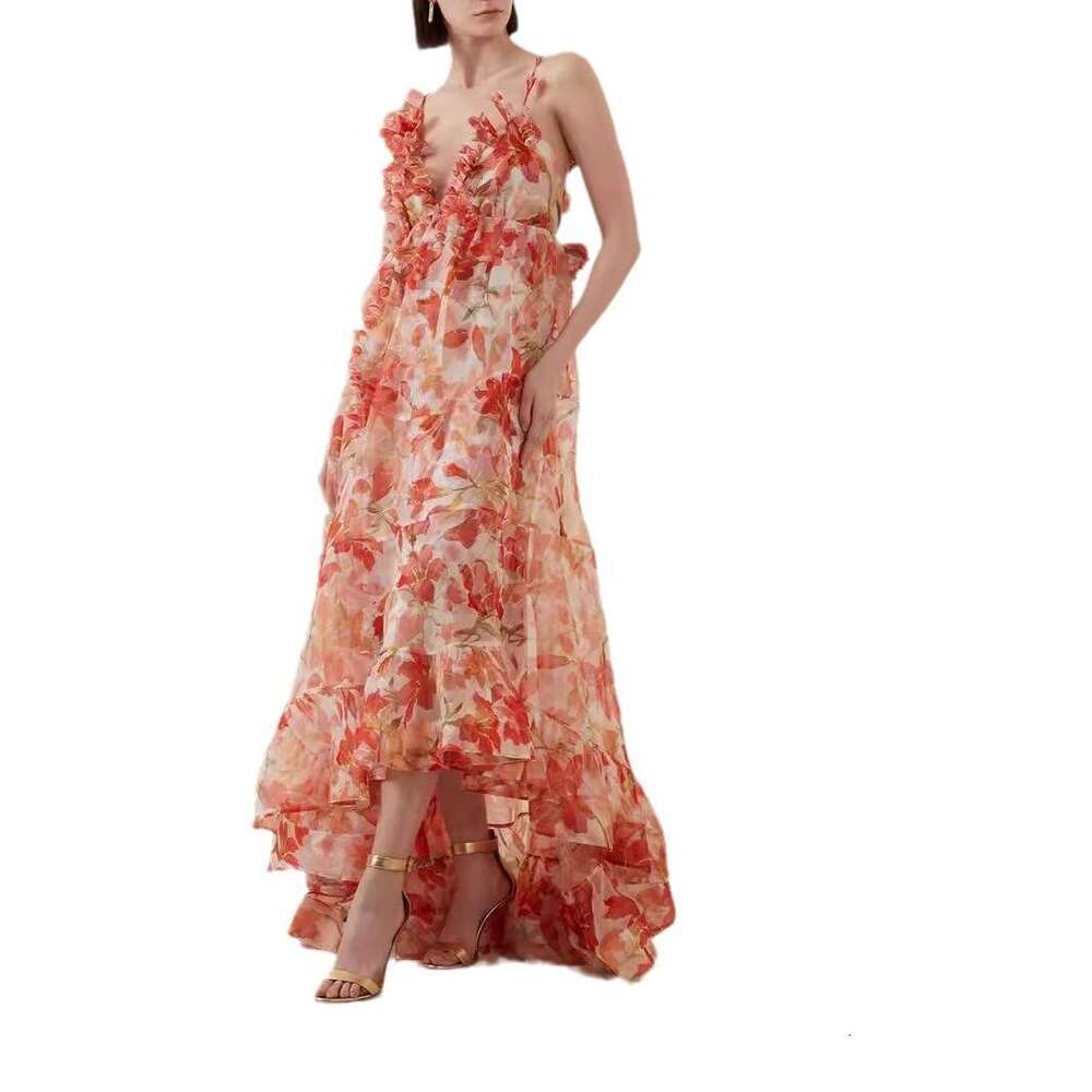 Spring/Summer Off Shoulder V-neck Women's Strap Printed Fairy Long Evening Grand Pendant Dress 2024 New Style Elegant Clothing