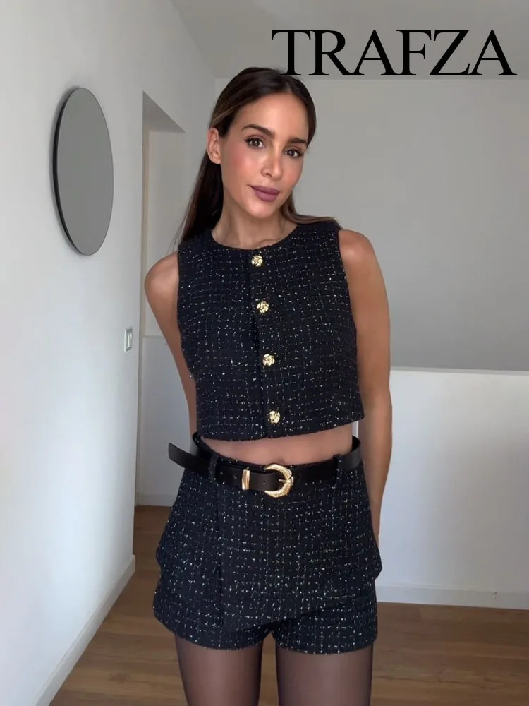 TRAFZA Womens Belt Short Sleeve Set 2piece 2024 Coarse Felt Vest Coat Casual 241206