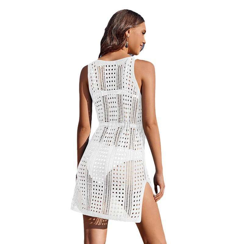 solid color V-neck cinched waist elastic hem split hollow suspender beach swimsuit vest cover skirt 2024 new casual versatile fashion clothing