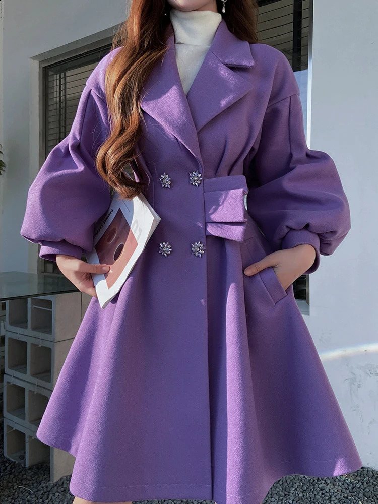 Dabuwawa elegant ultra-thin waist slimming lantern sleeve swing wool coat womens autumn and winter high-end purple cashmere coat 241205